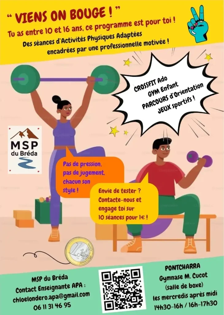 « Bouger, c’est plus fun quand on est ensemble ! 🚀 Découvre le cycle “Viens on bouge !” : 10 séances de sport adaptées, pour seulement 1 € à Pontcharra. Basket, crossfit, gym, orientation… Il y en a pour tous les goûts ! Encadré par Chloé, coach APA qui s’adapte à chacun 💪. »