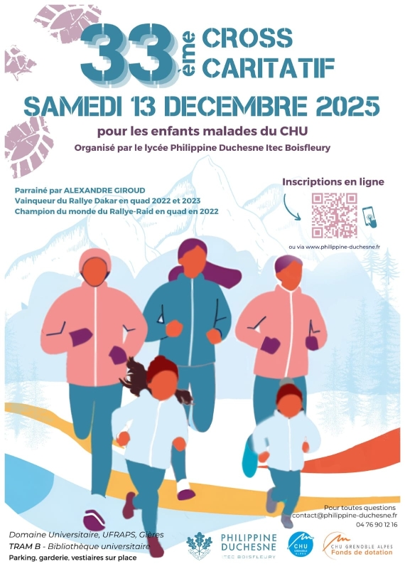 Affiche du 33ᵉ cross caritatif organisé à Pontcharra le 13 décembre 2025 au profit des enfants malades du CHU