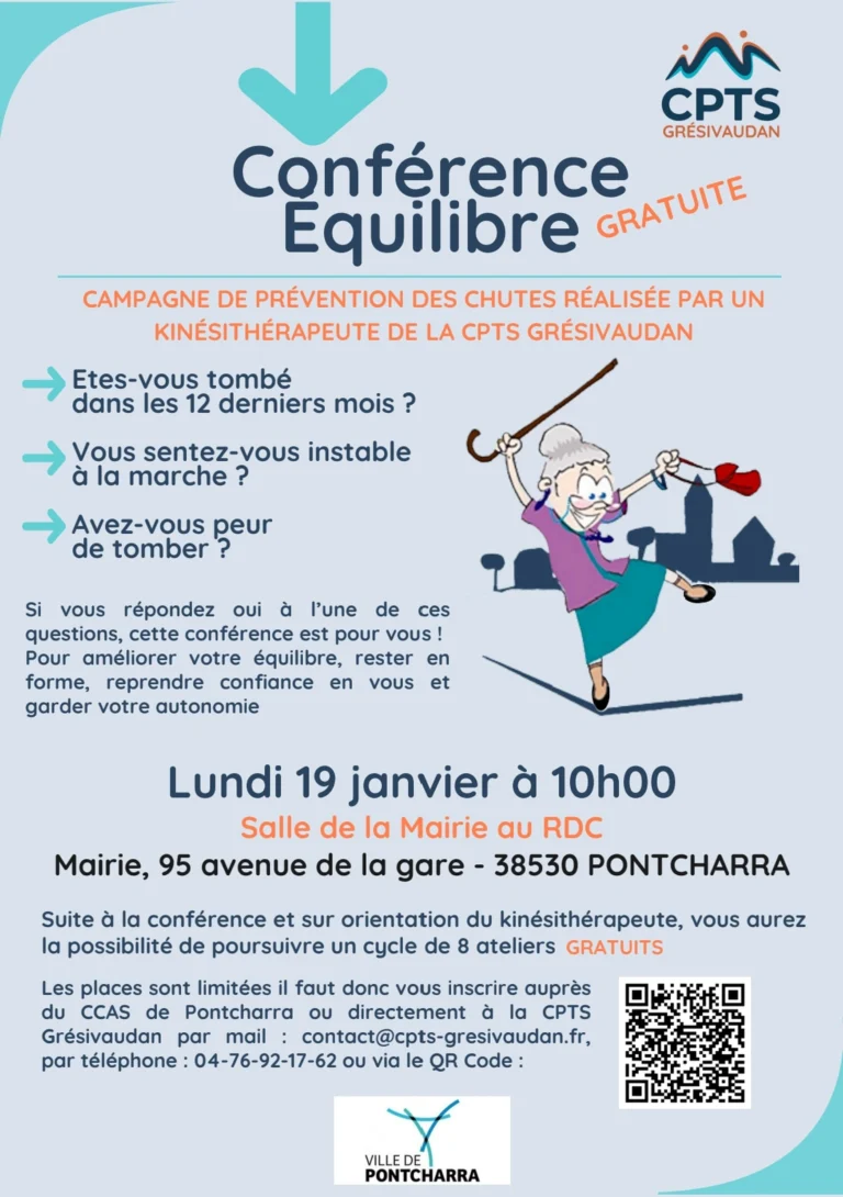 Affiche de la conférence Équilibre gratuite sur la prévention des chutes à Pontcharra, organisée par la CPTS Grésivaudan le 19 janvier à 10h. ✔️ Décrit le contenu
