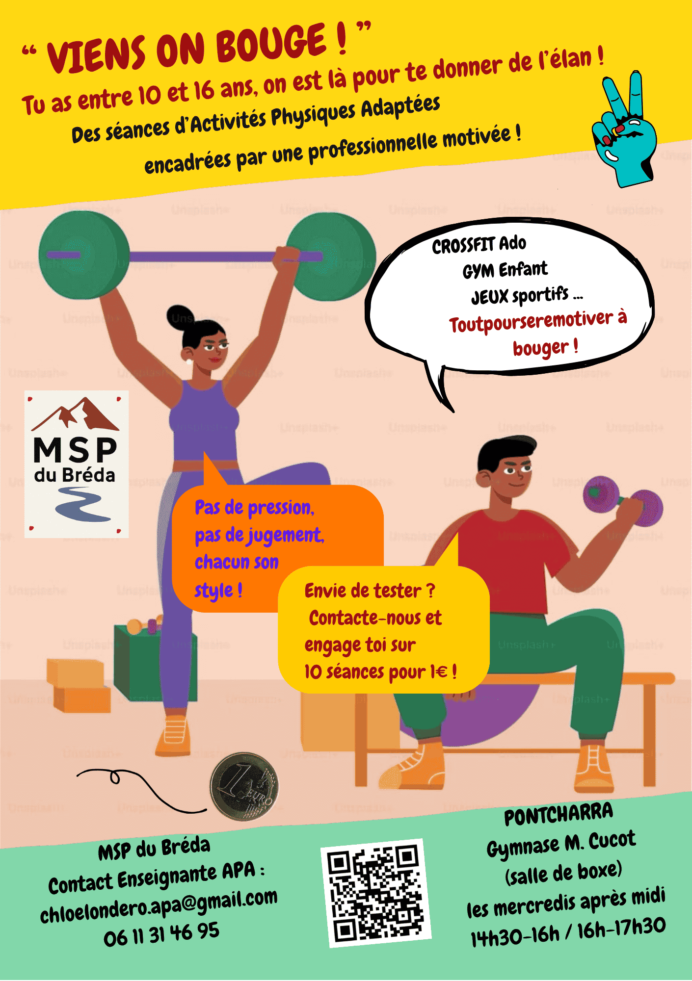 « Bouger, c’est plus fun quand on est ensemble ! 🚀 Découvre le cycle “Viens on bouge !” : 10 séances de sport adaptées, pour seulement 1 € à Pontcharra. Basket, crossfit, gym, orientation… Il y en a pour tous les goûts ! Encadré par Chloé, coach APA qui s’adapte à chacun 💪. »